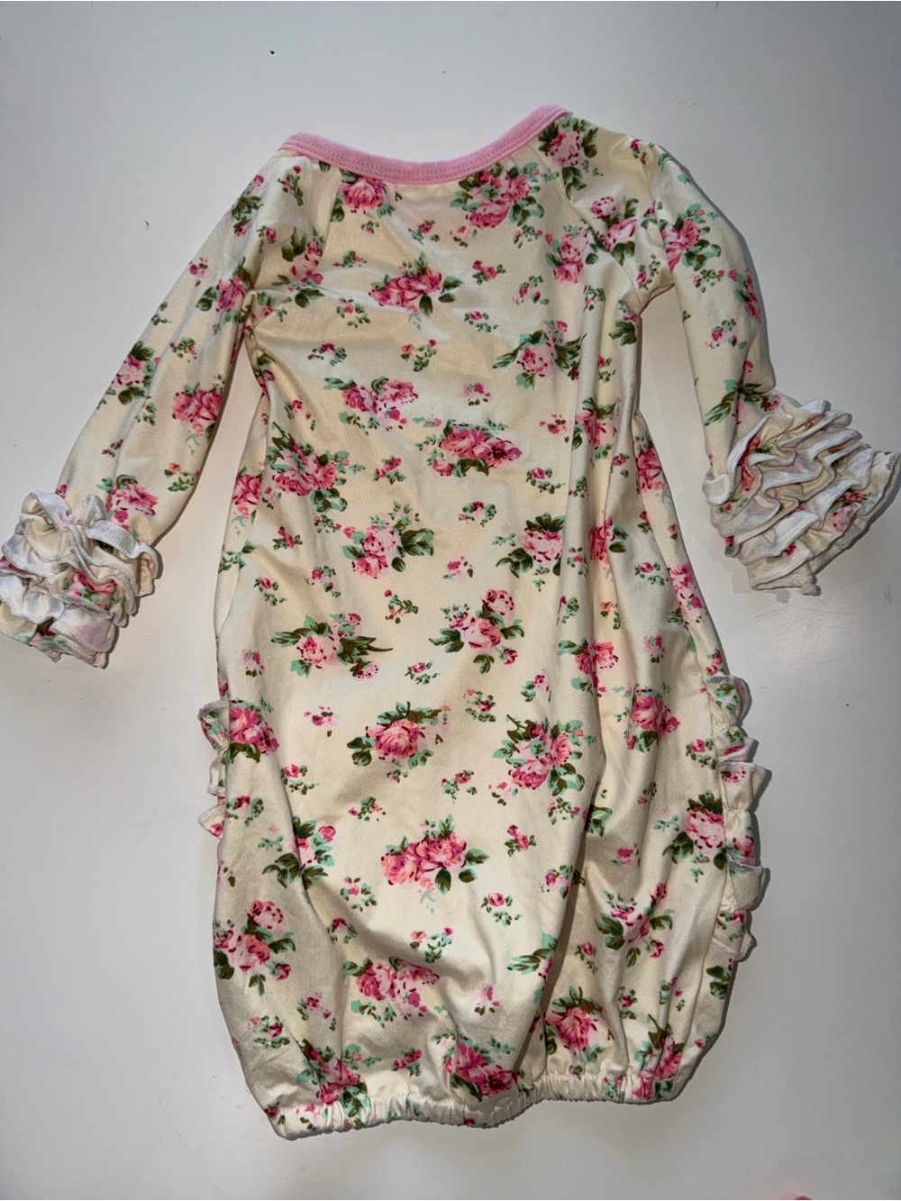 Cream Floral Ruffle Sleeve Baby Gown - Pink Roses